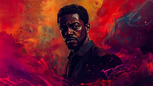 Digital portrait of a man set against swirling warm colors