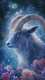 Starlit horned guardian dreaming in a cosmic flower field.