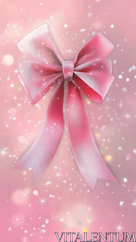 Satin pink gift bow with long tails on glitter bokeh field