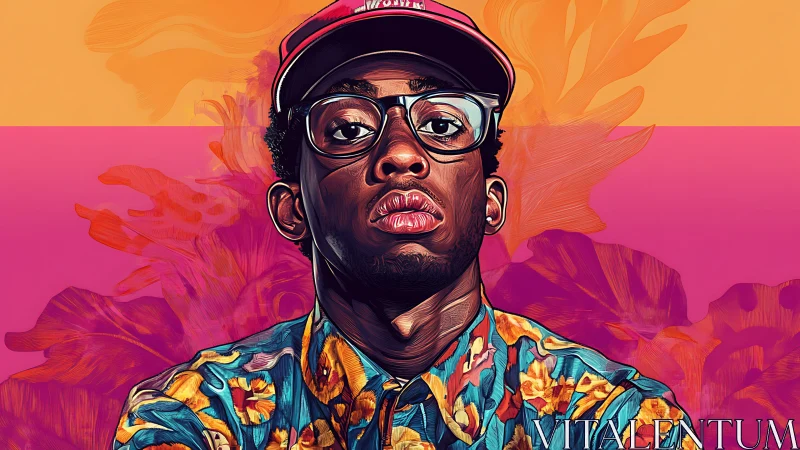 Tropical neon portrait of cool dreamer in floral armor.