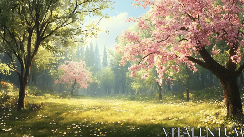Digital painting of vernal glade with blooming cherry trees.