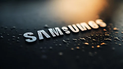 Macro depth-of-field study of raised metallic logo on wet surface