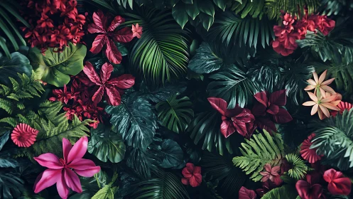 Vibrant Tropical Garden Blooms in Lush Green Paradise