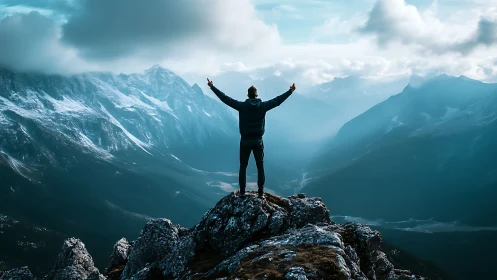 Joyful hiker opens their arms to a vast misty mountain valley