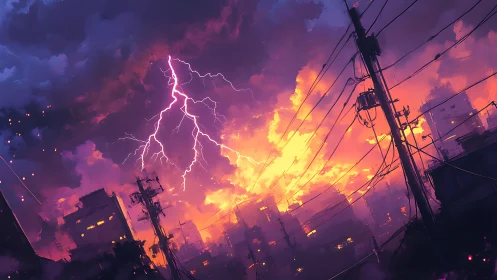 Urban skyline under electric violet storm-lit sunset sky.