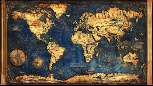 Gilded world map relief with ornate nautical compass details.