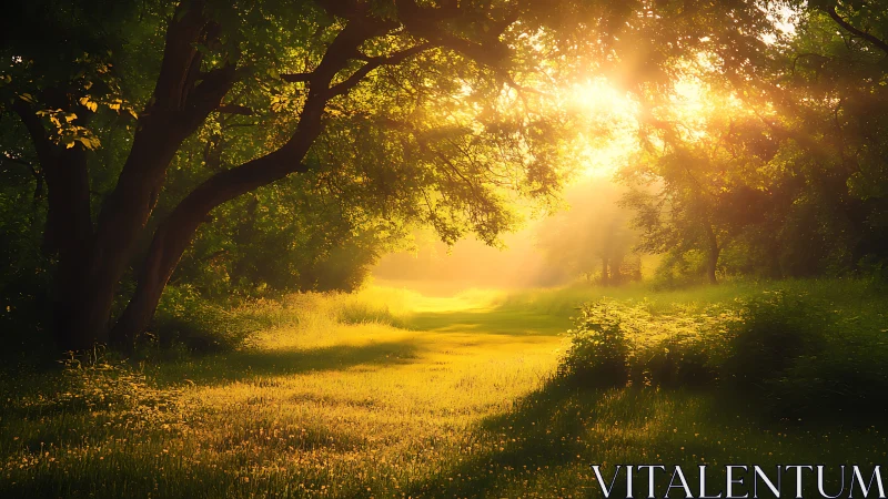 Sunlit Forest Path in Golden Morning Light, Nature Photography Style.