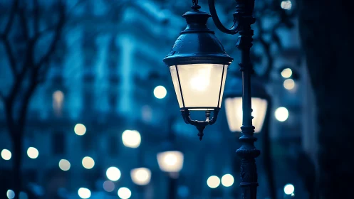 Retro cast-iron streetlamp at blue hour with urban bokeh glow