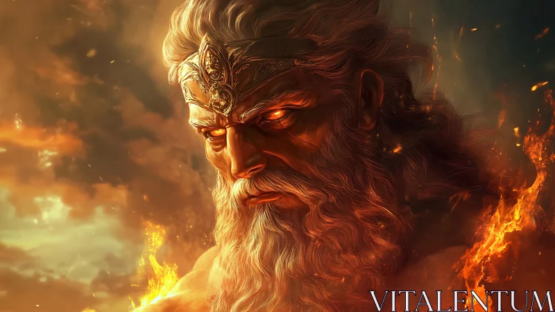 Fiery storm god gazes over a burning celestial sky