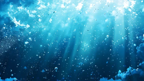 Sunlit ocean depths shimmer with drifting bubbles and calm