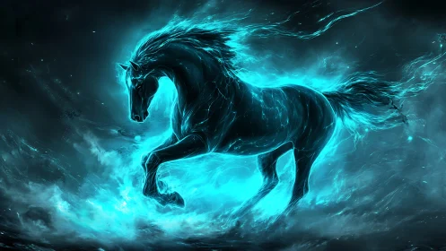 Luminescent equine form composed of blue energy in motion.