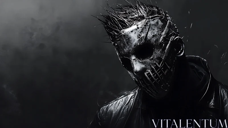 Masked figure in dark metal horror portrait scene.