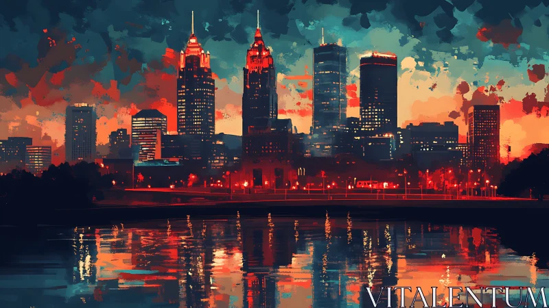 Digital painting skyline with neon dusk reflections across water.