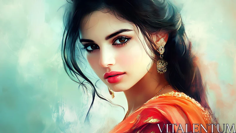 Soft gaze in swirling color and quiet golden details.