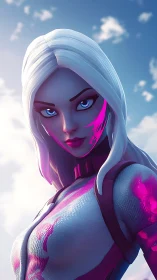 White-haired cyber heroine stares down with glowing blue eyes