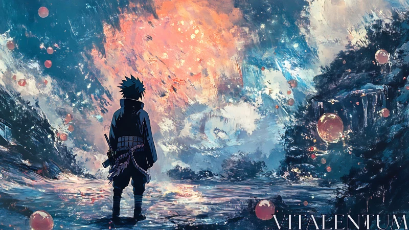 Solitary anime wanderer gazes into a swirling cosmic sky