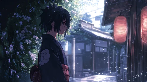 Solitary youth in yukata under lanterns at dusk.