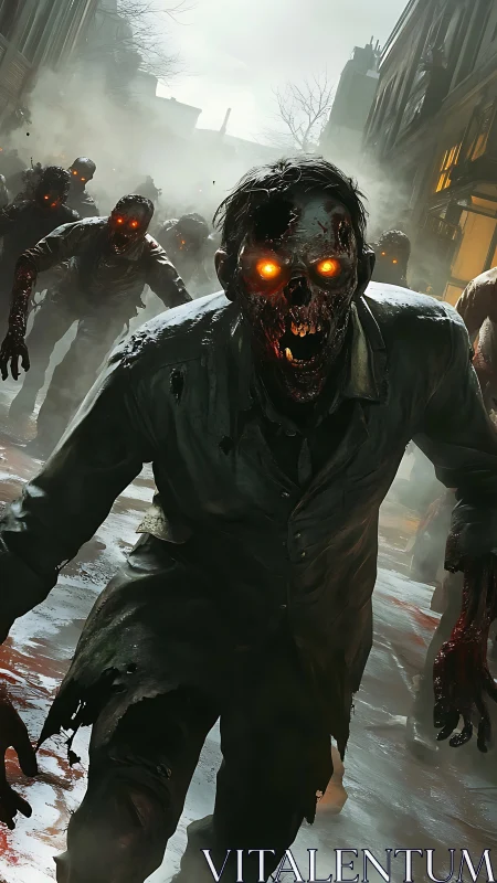 Advancing zombie horde invades foggy urban street in detail
