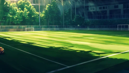 Sunlit empty soccer pitch with city backdrop at dusk.