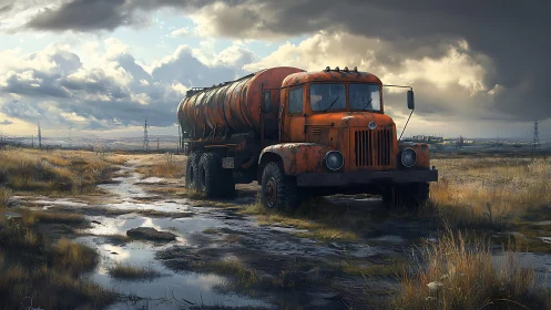 Rusting tanker truck stands in saturated rutted field under stormfront