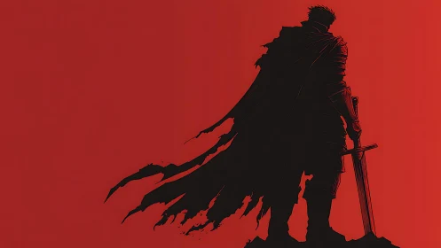 Lone shadow knight brooding over a bloodred horizon.