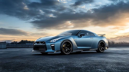 Blue sports coupe parked on wet pavement at sunrise.