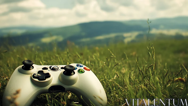 Game controller rests in sunlit meadow with hazy hills.