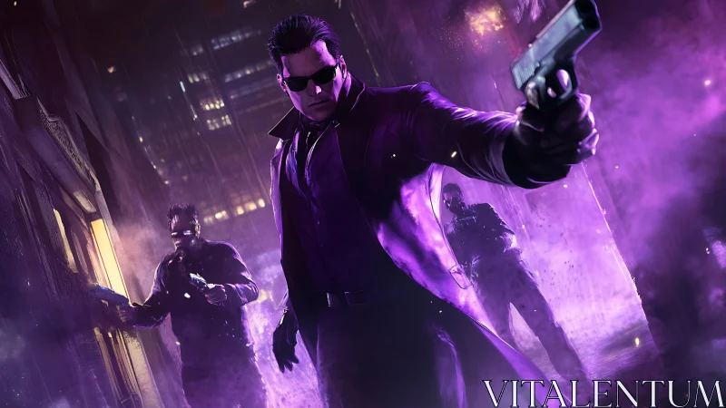 Neon soaked vigilante strides forward through purple night