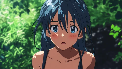 Blue haired anime girl outdoors against blurred foliage.