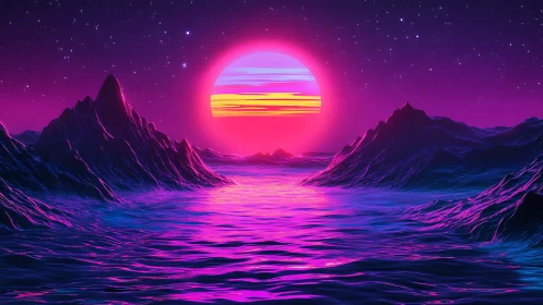 Neon sunset over stylized mountains and glowing sea.