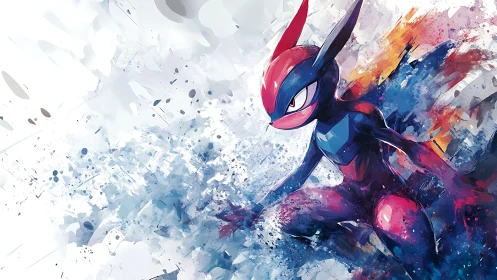 Dynamic red-and-blue creature surges through abstract energy.