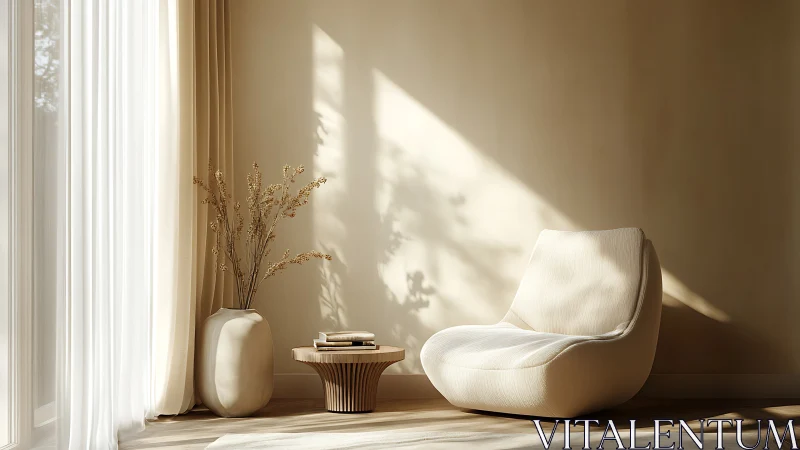Neutral lounge corner with armchair and soft daylight.