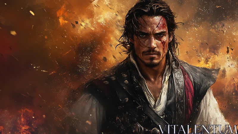 Battle-scarred swashbuckler amid incendiary particle plume.