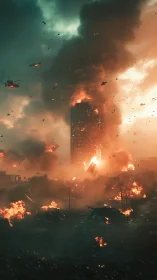 Skyscraper inferno crowned by stormlit ash and war machines.