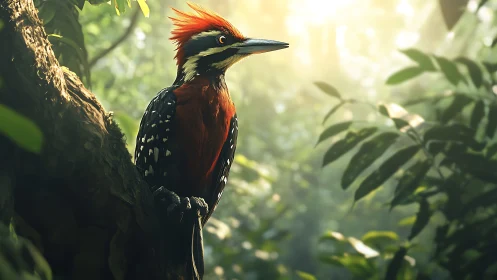 Vibrant Woodpecker on Tree in Sunlit Jungle, Photorealistic Style.