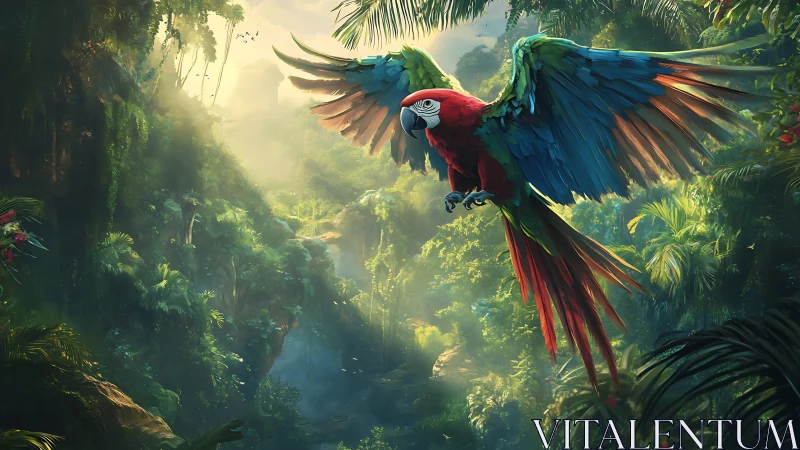 Digital painting of scarlet macaw over sunlit jungle valley.