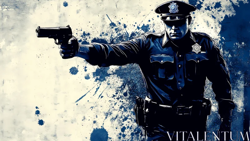 Police officer aiming handgun in blue ink-splatter style.