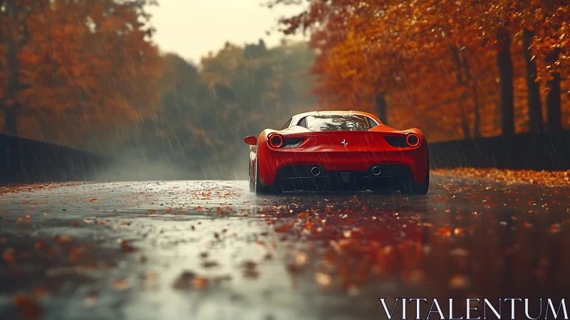 Scarlet supercar carves wet autumn road in cinematic rain