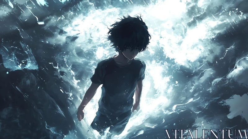 Solitary anime boy stands in swirling luminous water storm.