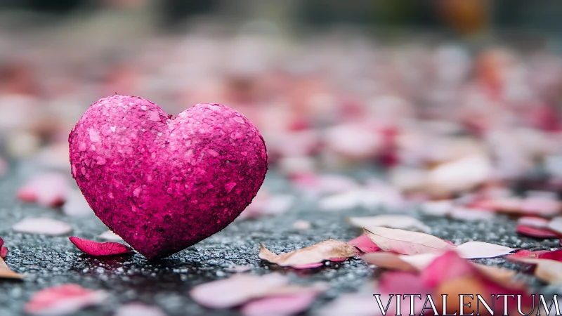 Magenta glitter heart on asphalt with scattered petals and shallow depth field