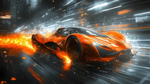 Flaming hypercar streaks through neon city streets at speed.