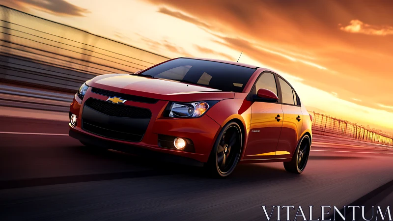 Red Chevrolet compact car driving fast on highway at sunset.