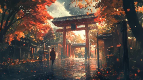 Autumn rain over torii gates in tranquil temple path scene.