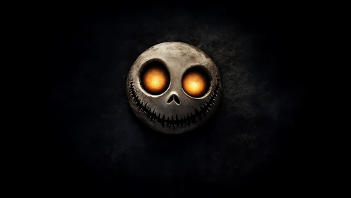 Glowing skull emblem with stitched grin on dark void background.