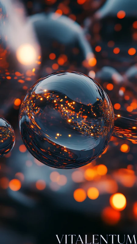 Reflective glass sphere amid defocused orange bokeh lights