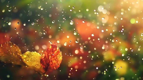 Macro autumn leaves with suspended raindrops in shallow focus.