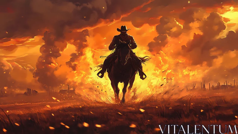 Silhouetted Cowboy Mounted on Horse Galloping Through Inferno Landscape.