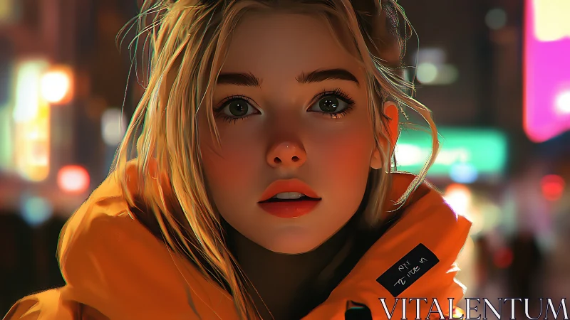 Young woman in orange jacket on blurred city street.