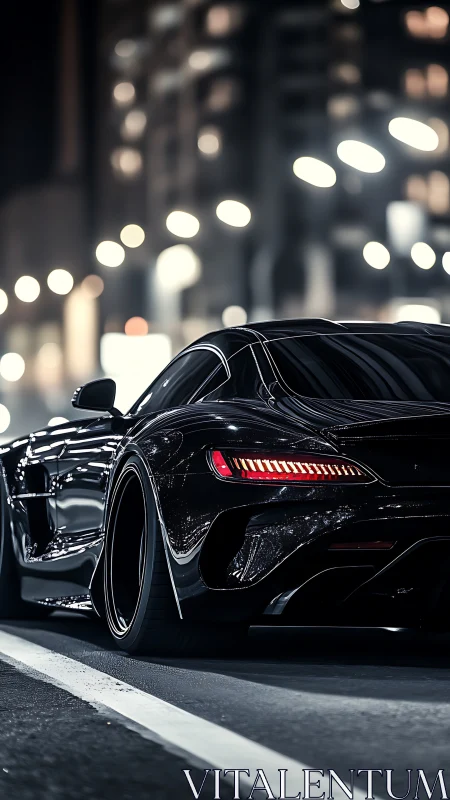 Midnight sports car glides through glowing city streets