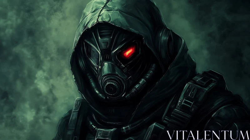 Hooded gasmask sentinel with glowing red cybernetic eye.